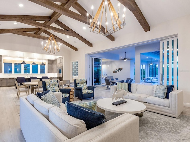 living room featuring beamed ceiling, light hardwood / wood-style flooring, high vaulted ceiling, and a notable chandelier