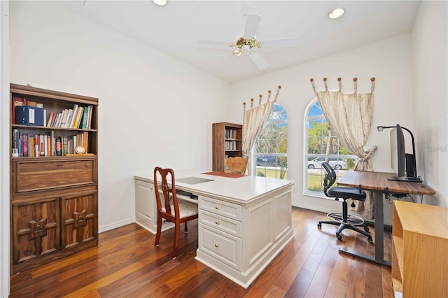 office area featuring ceiling fan and dark wood-type flooring