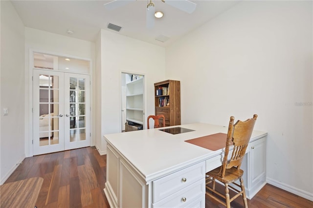 office space with ceiling fan, dark wood-type flooring, and french doors