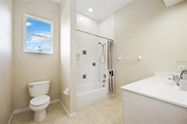 full bathroom with toilet, vanity, and shower / tub combo with curtain