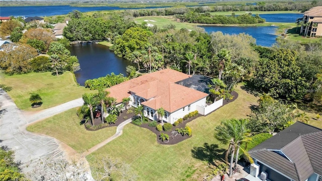 aerial view featuring a water view