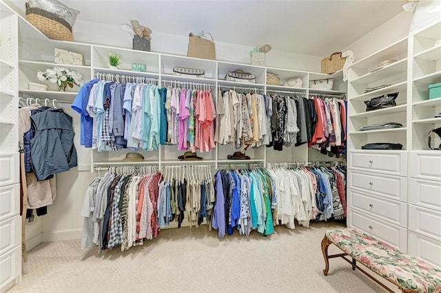 walk in closet featuring light carpet