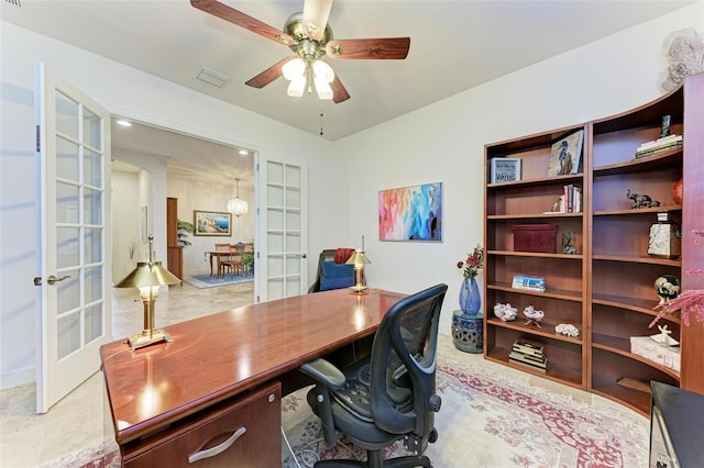 office area featuring french doors and ceiling fan