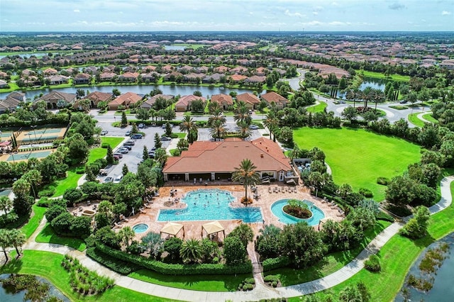 aerial view featuring a water view