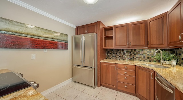 kitchen featuring sink, light tile patterned floors, appliances with stainless steel finishes, backsplash, and light stone countertops