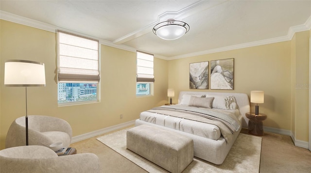 bedroom featuring crown molding and light colored carpet