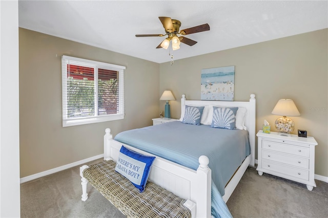 bedroom with light colored carpet and ceiling fan