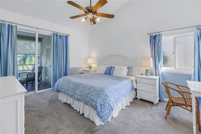 bedroom with ceiling fan, carpet floors, access to outside, and vaulted ceiling