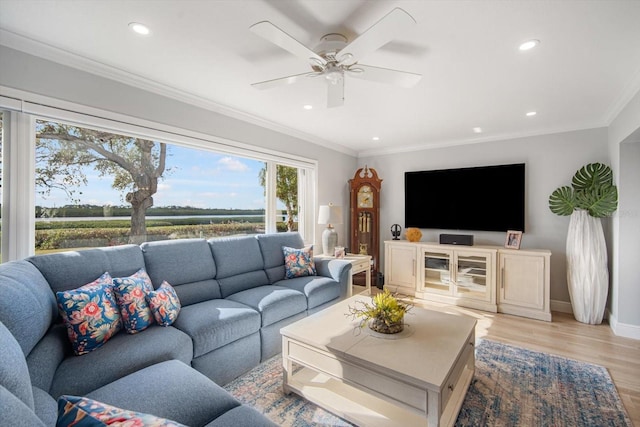 living room with light hardwood / wood-style flooring, ceiling fan, and ornamental molding