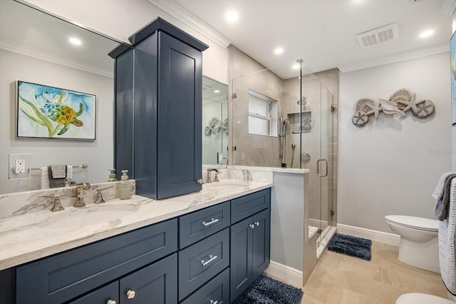 bathroom with an enclosed shower, vanity, crown molding, tile patterned flooring, and toilet