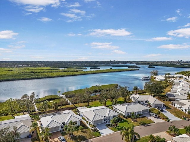 drone / aerial view featuring a water view