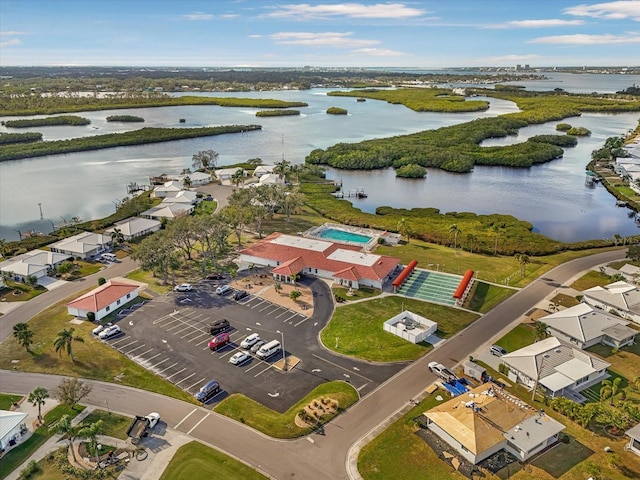 aerial view featuring a water view