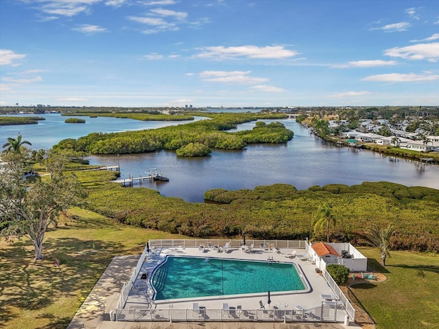 aerial view featuring a water view