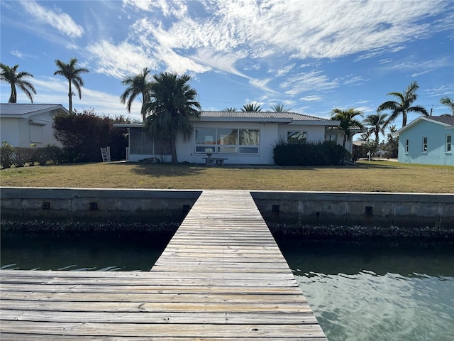 view of dock featuring a water view and a lawn