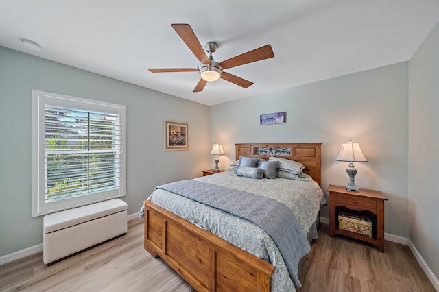 bedroom featuring light wood-type flooring and ceiling fan