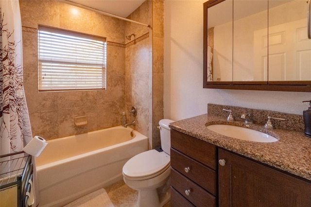 full bathroom with shower / bath combo with shower curtain, vanity, and toilet