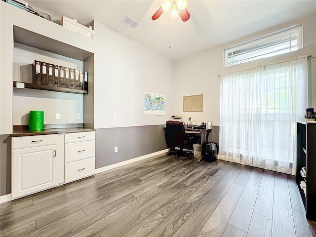 office area featuring ceiling fan and light wood-type flooring