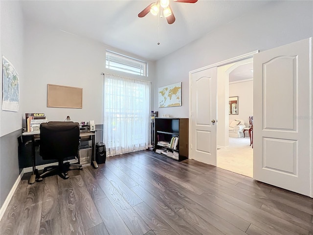 home office featuring ceiling fan and wood-type flooring