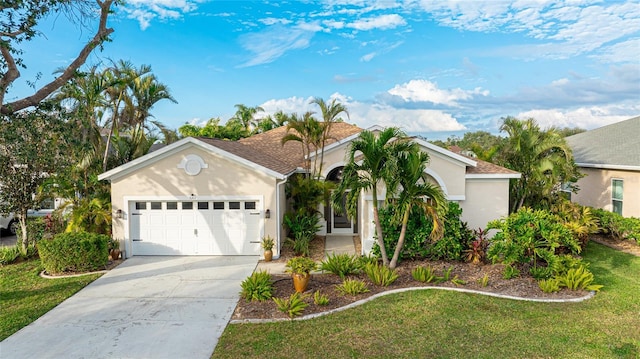 view of front of home featuring a garage, a front yard, driveway, and stucco siding