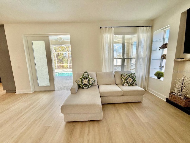 living room featuring wood finished floors and baseboards