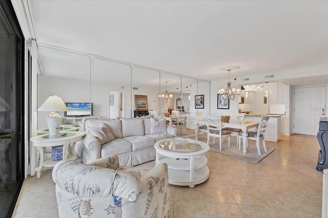 tiled living room featuring a notable chandelier