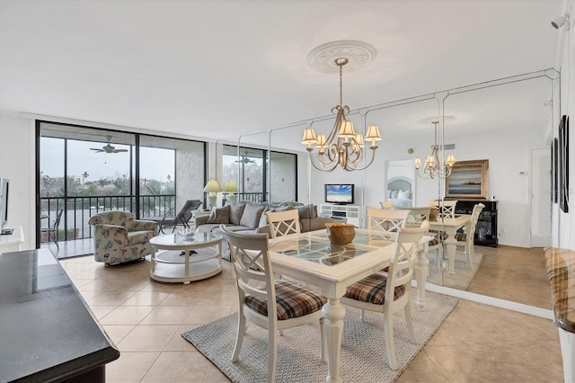 dining space with a wall of windows, light tile patterned floors, and an inviting chandelier