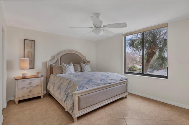 tiled bedroom with ceiling fan