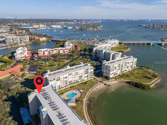 aerial view featuring a water view