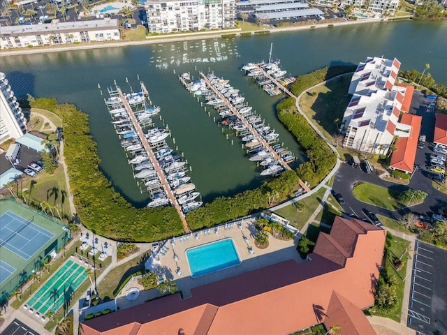 drone / aerial view with a water view