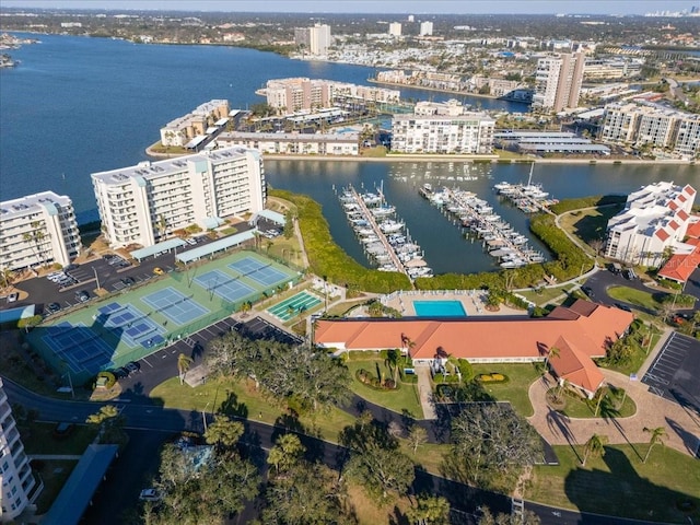 birds eye view of property featuring a water view