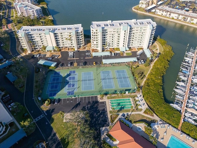 birds eye view of property featuring a water view