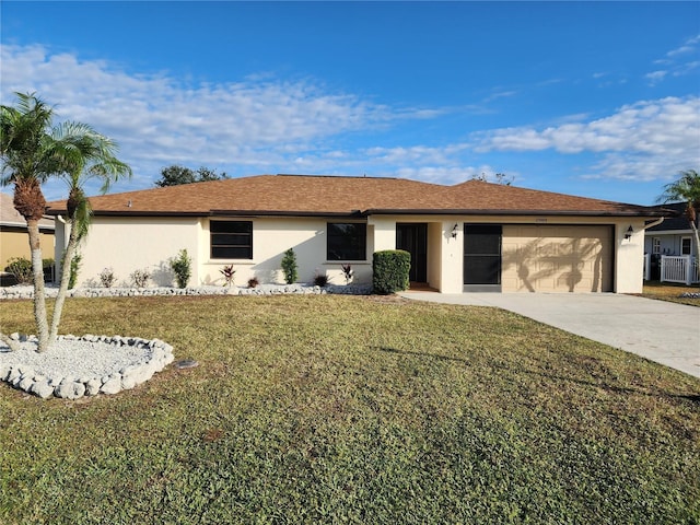 single story home featuring central AC, a garage, and a front lawn