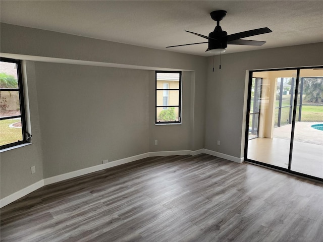 spare room with hardwood / wood-style flooring, ceiling fan, and a healthy amount of sunlight