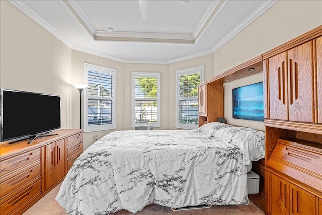 bedroom with a raised ceiling, carpet floors, and crown molding