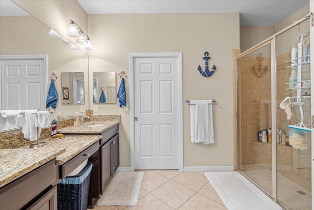 bathroom featuring tile patterned flooring, vanity, and walk in shower