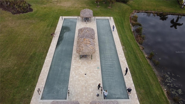 drone / aerial view featuring a water view