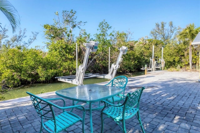 view of patio featuring a water view