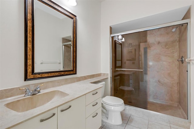 bathroom featuring tile patterned floors, walk in shower, vanity, and toilet