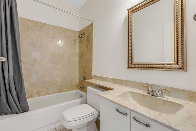 full bathroom with vanity, shower / bath combination with curtain, and toilet