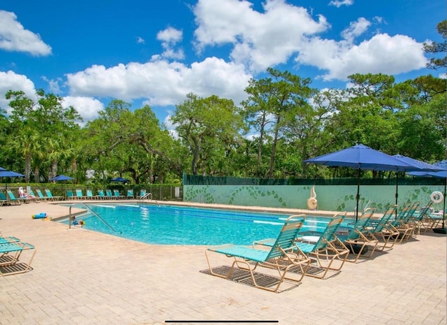 view of swimming pool with a patio area