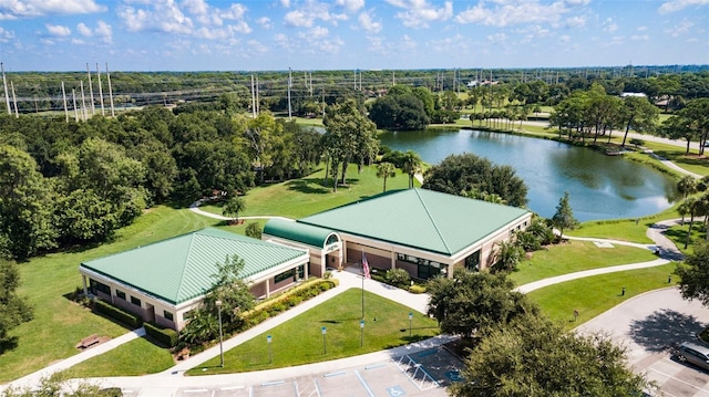 aerial view featuring a water view