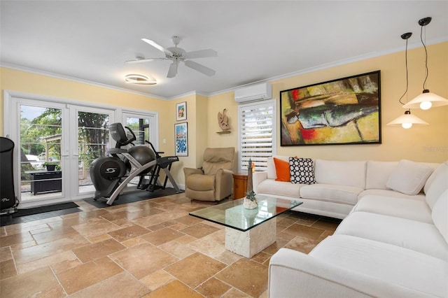 living room with crown molding, a wealth of natural light, a wall unit AC, and french doors