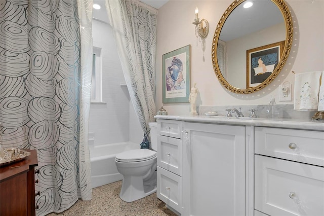 bathroom with toilet, speckled floor, shower / bath combination with curtain, and vanity