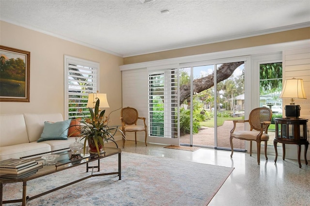 entryway with crown molding and a textured ceiling