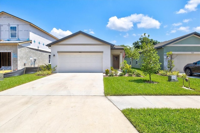 single story home featuring a front yard and a garage