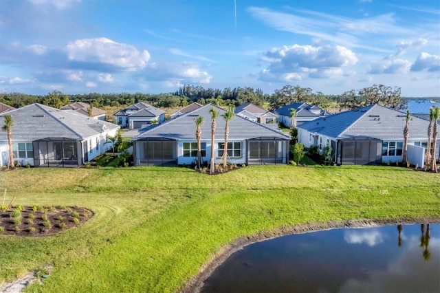 exterior space with a water view