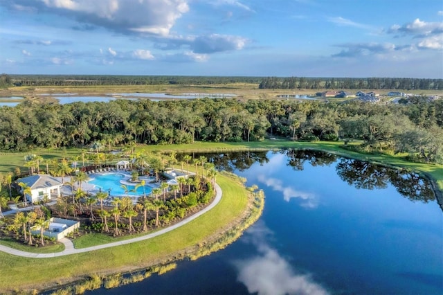 birds eye view of property featuring a water view