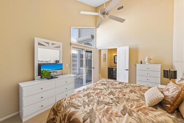 carpeted bedroom featuring access to outside, ceiling fan, and high vaulted ceiling