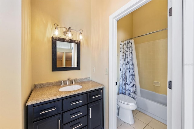 full bathroom with tile patterned floors, vanity, shower / bathtub combination with curtain, and toilet