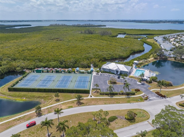 drone / aerial view featuring a water view